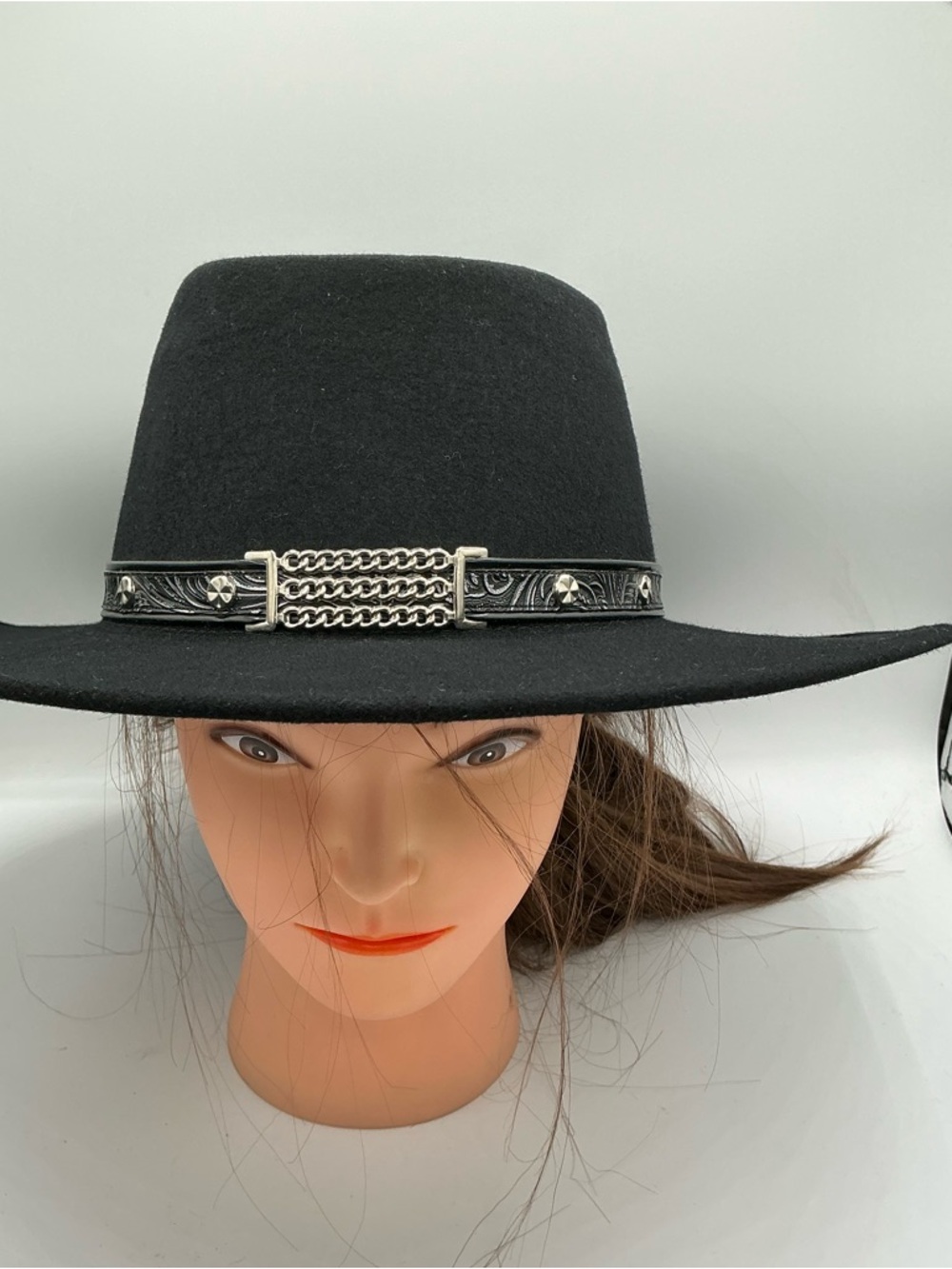 Little Joe Black Wide-Brim Felt Cowboy Hat with Silver Chain Band size L
